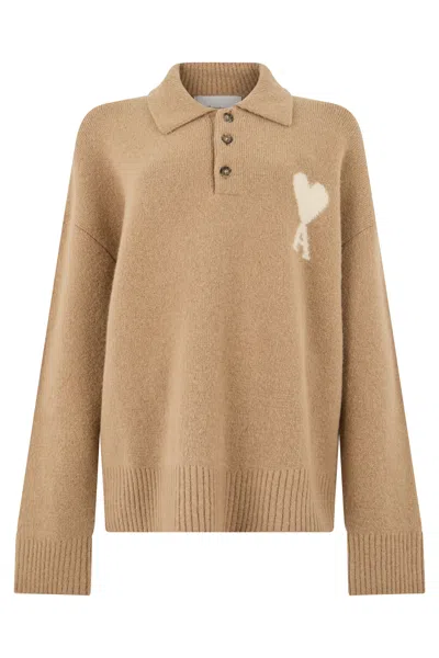 Ami Alexandre Mattiussi Ami Paris Polo-collar Logo Sweater In Brown