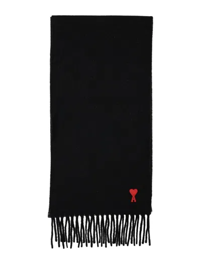 Ami Alexandre Mattiussi Ami Paris Ami De Coeur Wool Scarf With Fringed Edges In Black
