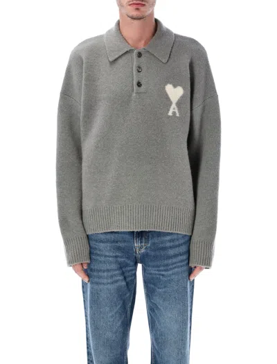 Ami Alexandre Mattiussi Ami Paris Relaxed Fit Alpaca Blend Knit Polo In Gray
