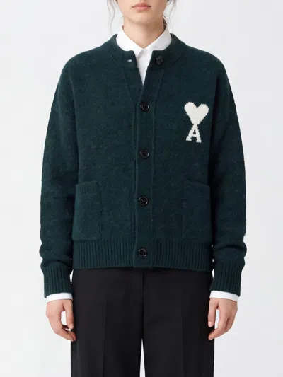 Ami Alexandre Mattiussi Ami Paris Relaxed Fit Cardigan In Wool And Alpaca Blend With Jacquard Logo In Green