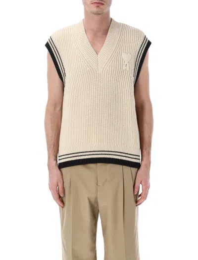 Ami Alexandre Mattiussi Ami Paris Ribbed Wool Sleeveless Ami De Coeur Sweater In Neutral