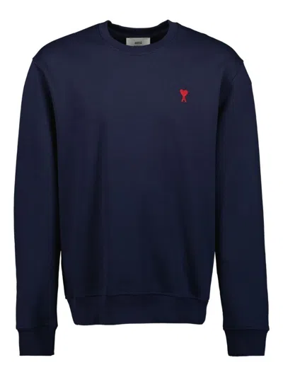 Ami Alexandre Mattiussi Ami Navy Blue Cotton Jersey Sweater With Signature Embroidered Motif In Black