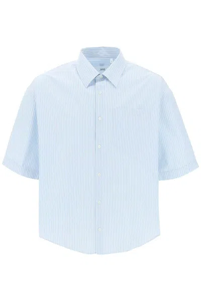 Ami Alexandre Mattiussi Short-sleeved Striped Shirt In White,light Blue