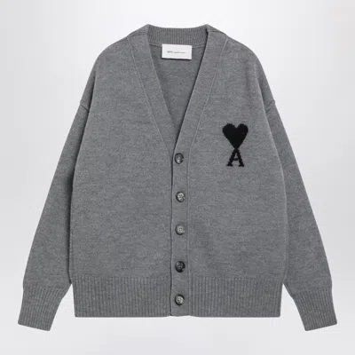 Ami Alexandre Mattiussi Ami Paris Signature Heart Wool Cardigan For Women In Gray