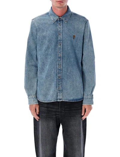 Ami Alexandre Mattiussi Ami Paris Stonewashed Cotton Denim Button-down Shirt With Ami Of Coeur Chest Embroidery In Blue