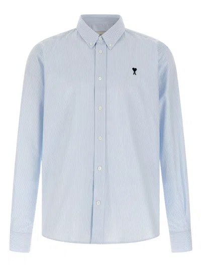 Ami Alexandre Mattiussi Ami Paris Striped Button-up Shirt With Embroidered Detail For Men In Blue
