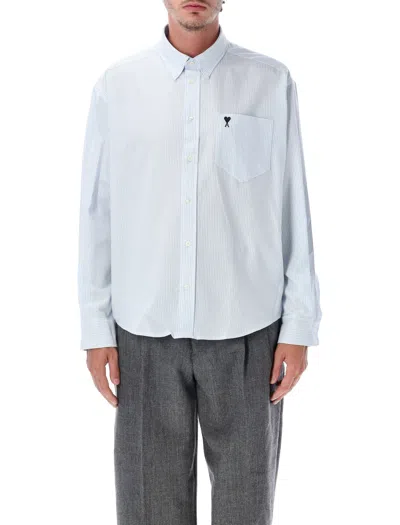 Ami Alexandre Mattiussi Ami Paris Striped Cotton Boxy Fit Shirt With Ami Of Caur Chest Pocket In Blue