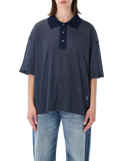 Ami Alexandre Mattiussi Ami Paris Striped Mercerized Cotton Polo With Boxy Fit, Mother-of-pearl Buttons & Logo Embroidery In Blu