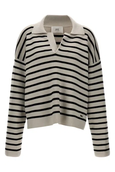AMI ALEXANDRE MATTIUSSI AMI PARIS STRIPED POLO SWEATER