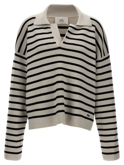 AMI ALEXANDRE MATTIUSSI AMI PARIS STRIPED POLO SWEATER