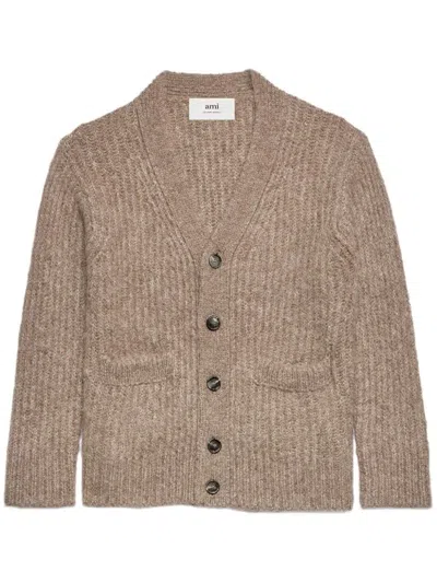 Ami Alexandre Mattiussi V-neck Rib-knit Cardigan In Brown