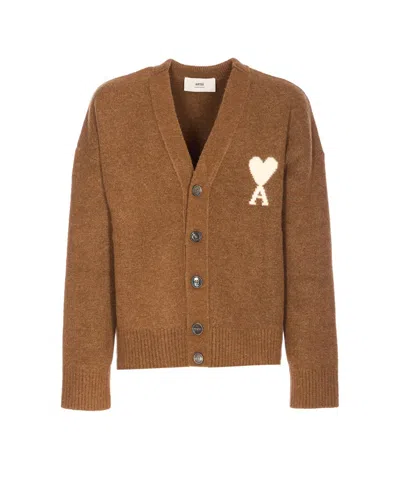 Ami Alexandre Mattiussi Ami Paris Ami Cardigan Adc Ukc365 Nuage With Heart Logo In Brown