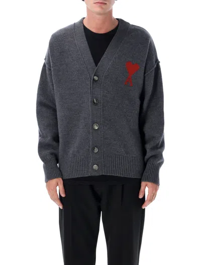 Ami Alexandre Mattiussi Grey Wool Cardigan With Ami De Coeur In Gray