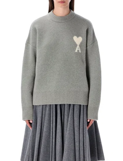 Ami Alexandre Mattiussi Crew Neck White Heart Sweater In Gray