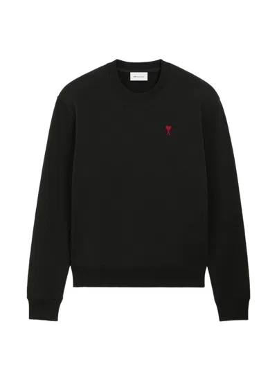 Ami Alexandre Mattiussi Ami Paris Mini Embroidered Heart Crewneck Sweatshirt With Ribbed Trims In Black