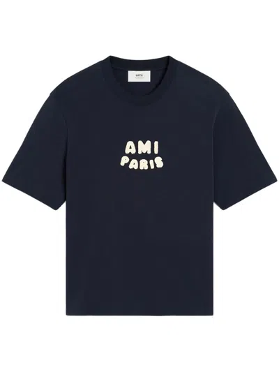 Ami Alexandre Mattiussi Boxy Navy T-shirt With Playful Logo Detailing In Black