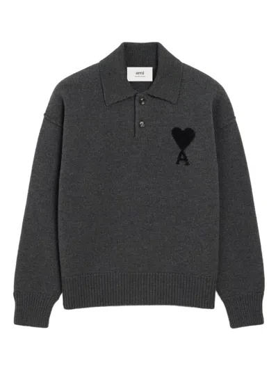 Ami Alexandre Mattiussi Ami Paris Ami Paris De Coeur Wool Polo Shirt In Gray