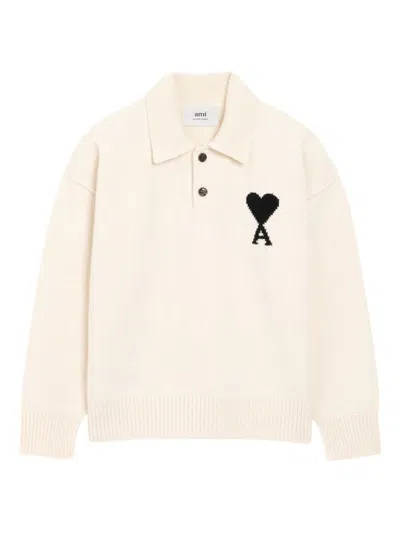 Ami Alexandre Mattiussi Ami Paris Logo-intarsia Wool Polo Jumper In White