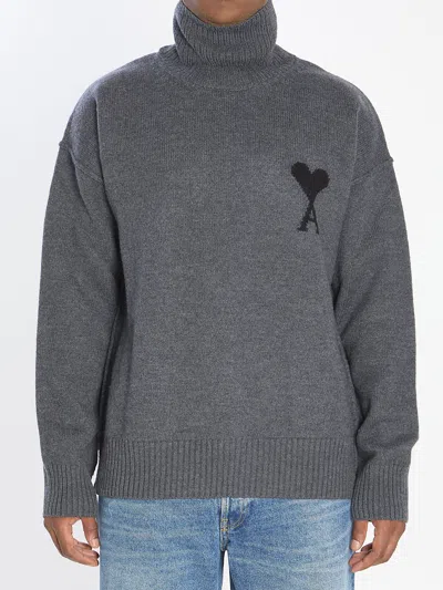 Ami Alexandre Mattiussi Ami Paris  Turtleneck Sweater Ami De Coeur Grey In Gray