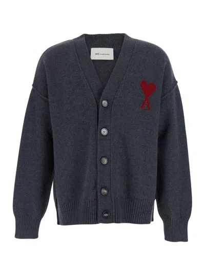 Ami Alexandre Mattiussi Ami Paris V-neck Button-front Cardigan With Chest Heart Patch In Black