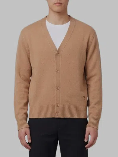 Ami Alexandre Mattiussi Ami Paris V-neck Cardigan With Tonal Ami De Coeur Detail In Brown