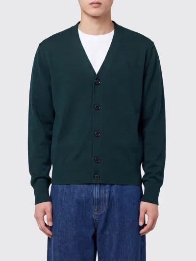 Ami Alexandre Mattiussi Ami Paris V-neck Wool Cardigan With Contrast Embroidered Logo In Blue