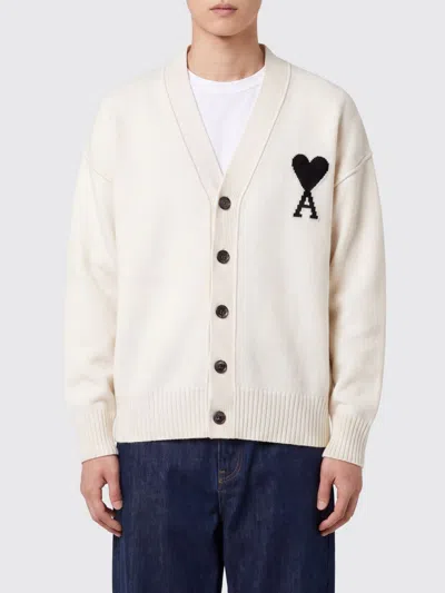 Ami Alexandre Mattiussi Ami Paris V-neck Wool Cardigan With Contrast Logo In Neutral