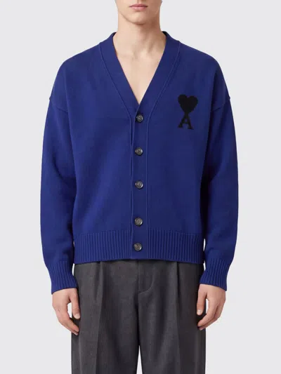 Ami Alexandre Mattiussi Ami Paris V-neck Wool Cardigan With Contrast Logo In Blue