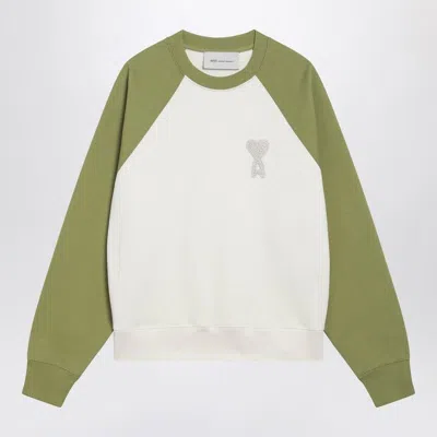 Ami Alexandre Mattiussi White And Green Cotton Knitted Ami De Coeur Sweatshirt White In Multi
