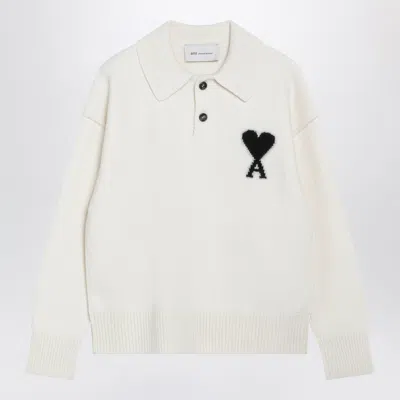 Ami Alexandre Mattiussi Ami Paris White Wool Mini Heart Polo Sweater
