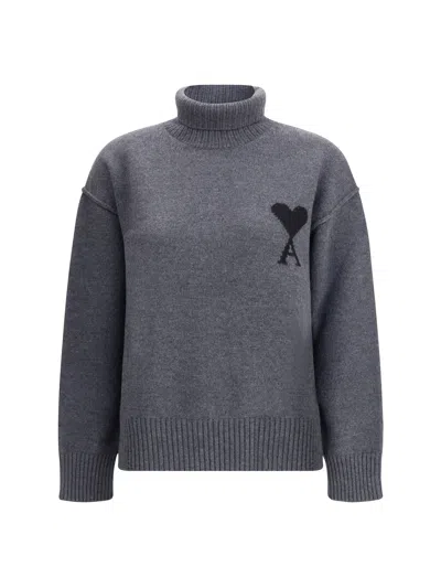 Ami Alexandre Mattiussi Ami Paris Women Ami De Coeur Turtleneck Sweater In Gray