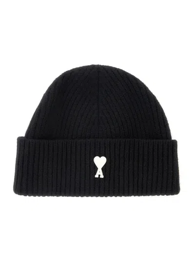 Ami Alexandre Mattiussi Ami Paris Wool Beanie With Contrast Logo Detail In Black