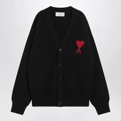 Ami Alexandre Mattiussi Ami Paris Wool Cardigan With Mini Ami De Coeur Motif In Black