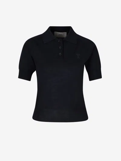 Ami Alexandre Mattiussi Ami Ami De Coeur Logo Embroidered Ribbed Polo Top In Navy