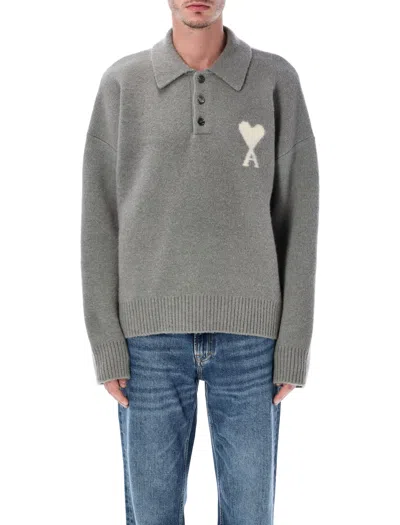 Ami Alexandre Mattiussi Ami Paris Wool Polo Sweater With Ami De Coeur Logo In Gray