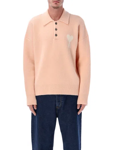 AMI ALEXANDRE MATTIUSSI AMI PARIS WOOL POLO SWEATER WITH AMI DE COEUR LOGO