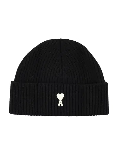 Ami Alexandre Mattiussi Ami Paris Wool Ribbed Beanie With Logo Patch In Black
