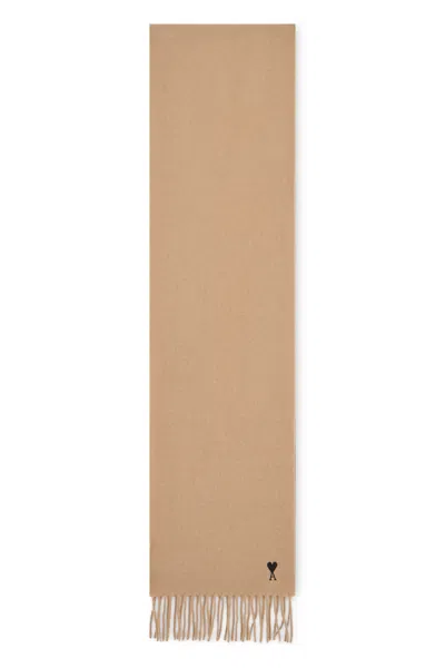Ami Alexandre Mattiussi Ami Paris Wool Scarf With Fringes (190 Cm X 25 Cm) In Beige