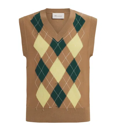 Ami Alexandre Mattiussi Brown Wool And Cotton Argyle Intarsia Sleeveless Sweater Beige