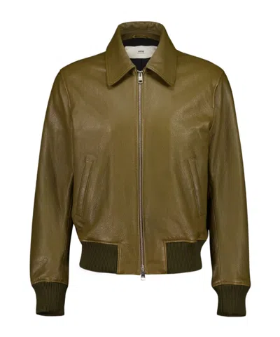 Ami Alexandre Mattiussi Zip Leather Jacket In Brown
