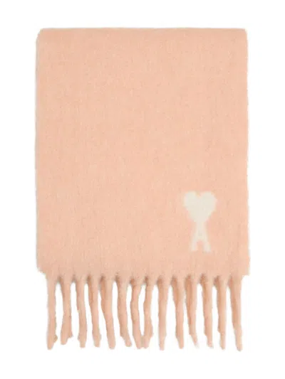 AMI ALEXANDRE MATTIUSSI AMI PINK LOGO FRINGED EDGE SCARF