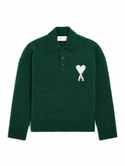 Ami Alexandre Mattiussi Ami Polo Sweater With Ami De Coeur In Green