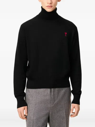 Ami Alexandre Mattiussi Ami Paris Ami De Coeur Turtleneck Logo Embroidered Jumper In Black