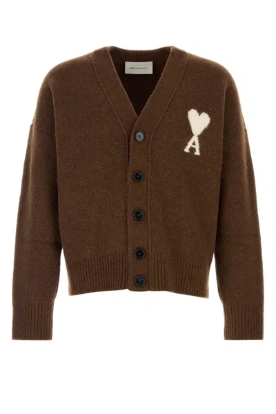 Ami Alexandre Mattiussi Ami Quota-vneckcardiganwithamidecoeur In Brown