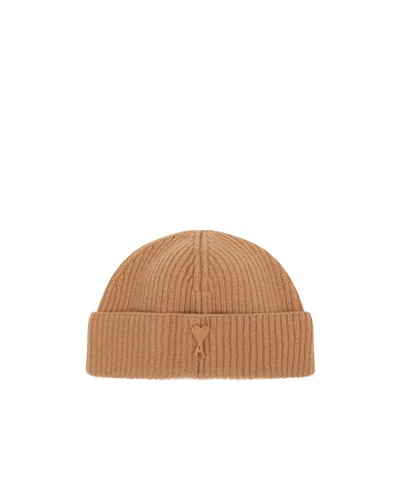 Ami Alexandre Mattiussi Ami Ribbed Logo Beanie Hat In Brown