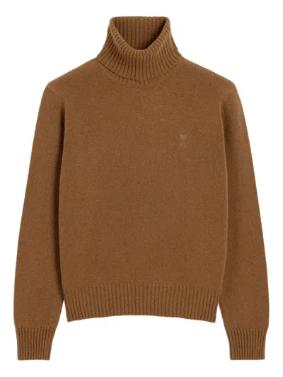 Ami Alexandre Mattiussi Ami Roll-neck Sweater With Ribbed Texture In Brown