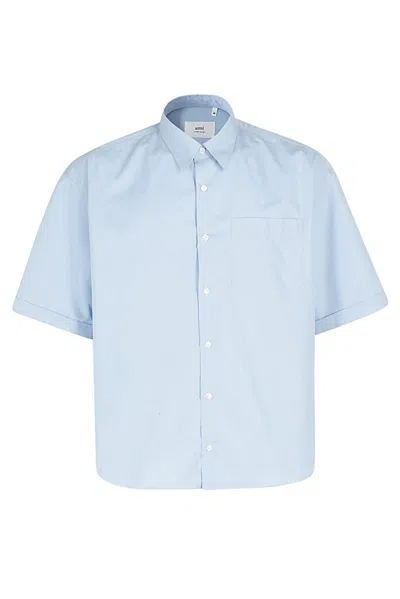 Ami Alexandre Mattiussi Short-sleeved Striped Shirt In White,light Blue