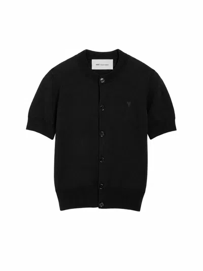 Ami Alexandre Mattiussi Ami Short Sleeves Cardigan With Contrasted Ami De Coeur In Black