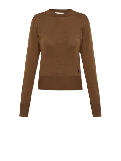 Ami Alexandre Mattiussi Crew Neck Sweater With Ribbed Cuffs In Brown