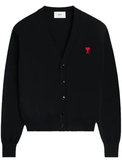 AMI ALEXANDRE MATTIUSSI AMI V-NECK BLACK CARDIGAN WITH BUTTON-DOWN FRONT